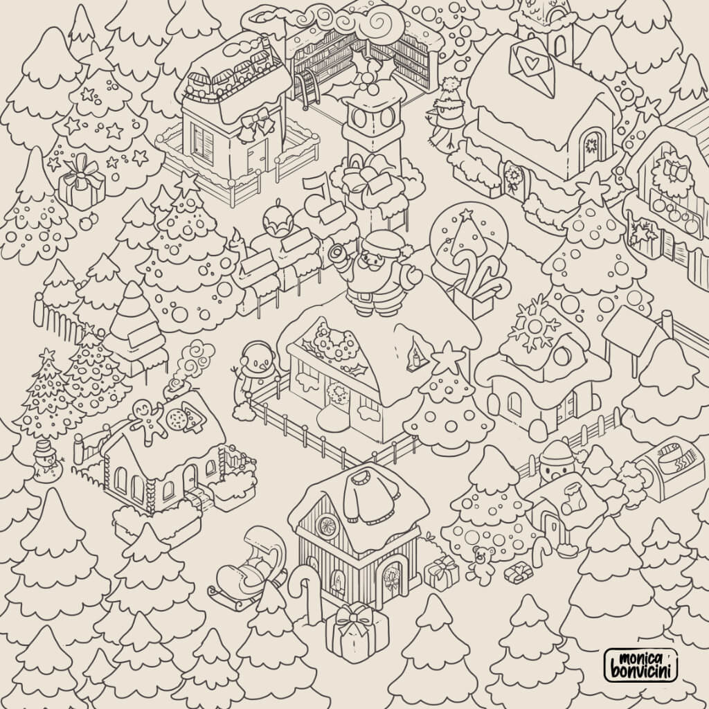 GRATIS! Villaggio d’Inverno da Colorare | FREE! Winter Village Coloring Page