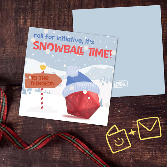 "Roll for Initiative, It's Snowball Time!" cartoline quadrate